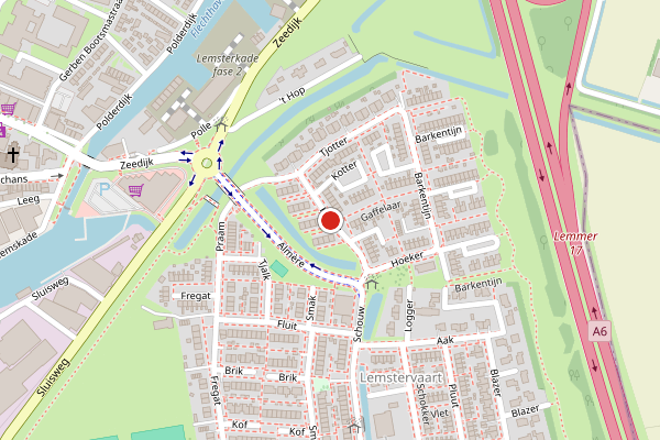 Brandweer-melding op Kotter, Lemmer op 7 juni, kaart-overzicht